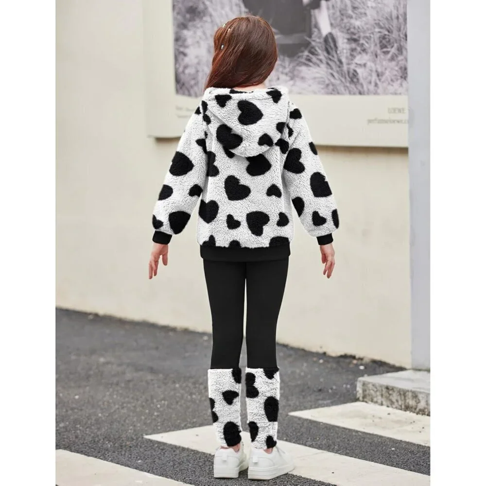 Arshiner Girls 2 Piece Outfits Fuzzy Long Sleeve Hoodie Sweatshirts and Patchwor